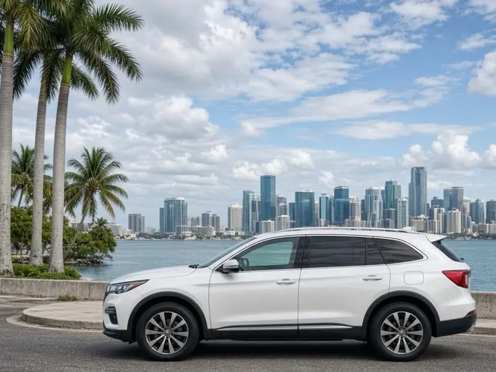 White SUV parked at a MacArthur Causeway pull-off with the Miami skyline across the bay — auto insurance shopping