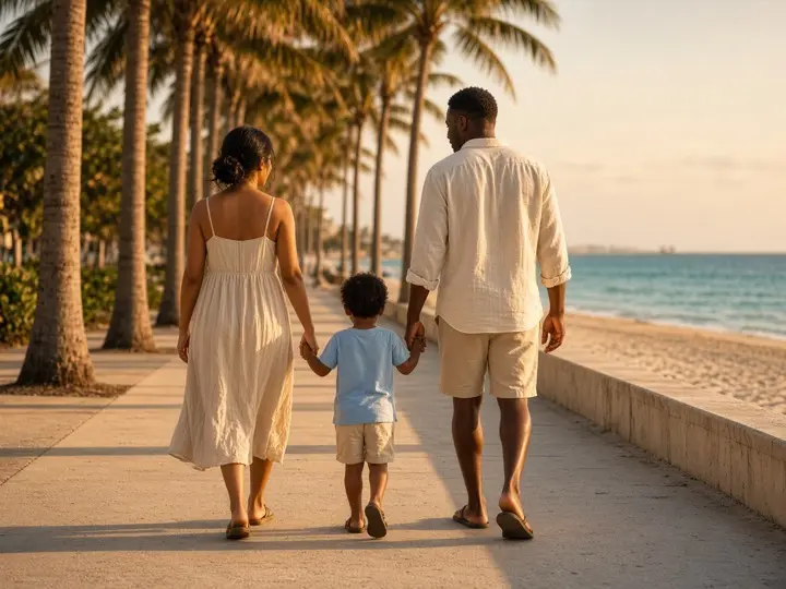 Family walking a palm-lined South Florida beach path — life insurance protection